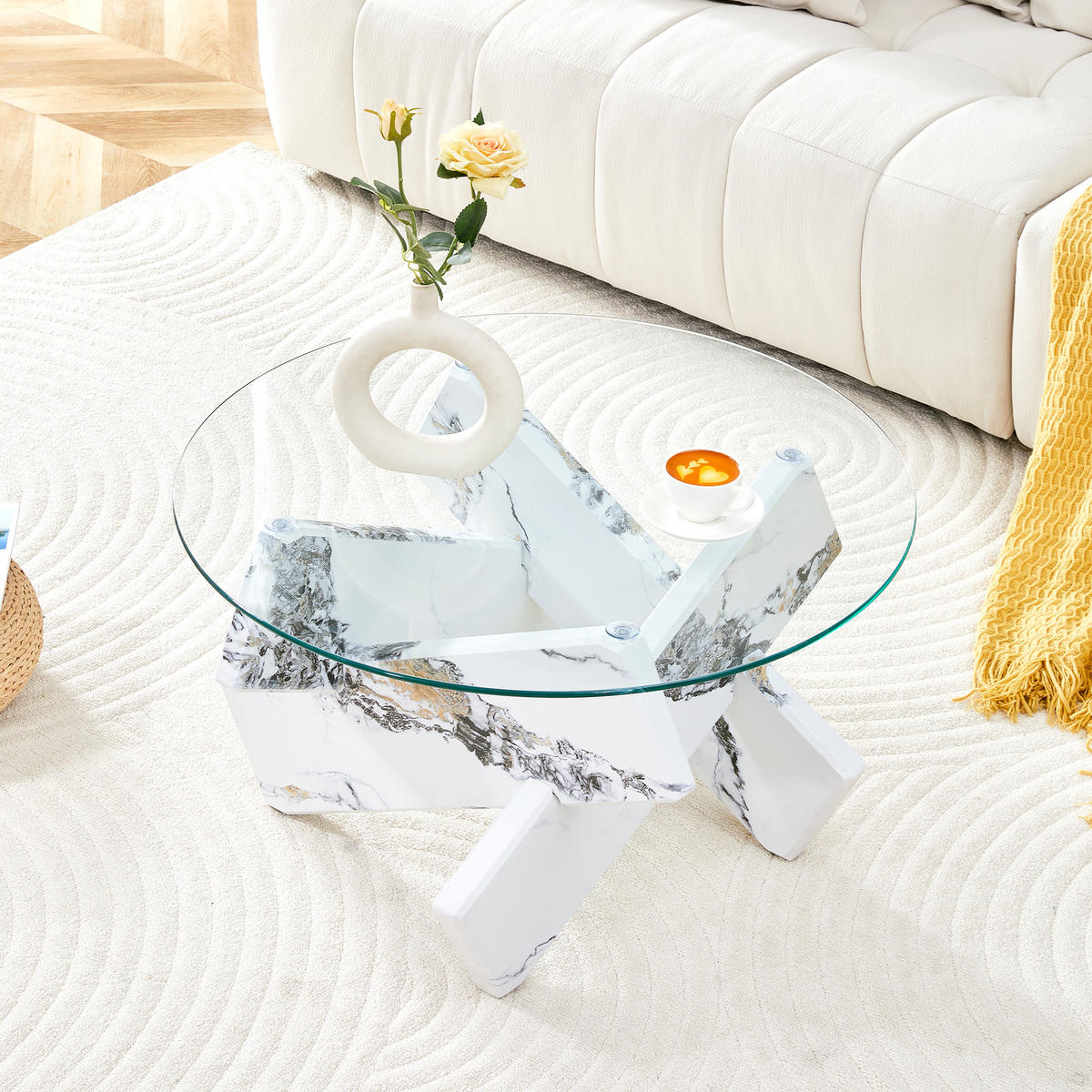 COUCHTISCH 79 cm mit Glasoberfläche und MDF-Stützbeinen in Weiß-Marmor-Design - Klar, Holzwerkstoff (79/79/45cm) - OKWISH