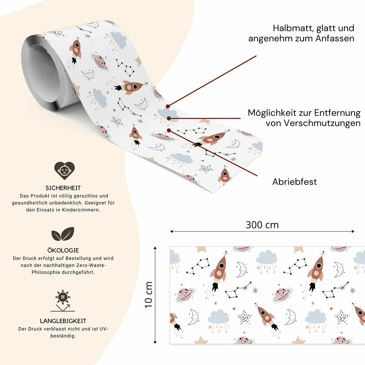 TAPETENBORDÜRE selbstklebend KOSMOS Wolken Sterne Monde Planeten - Blau/Beige, Papier (10/300/300cm) - Muralo