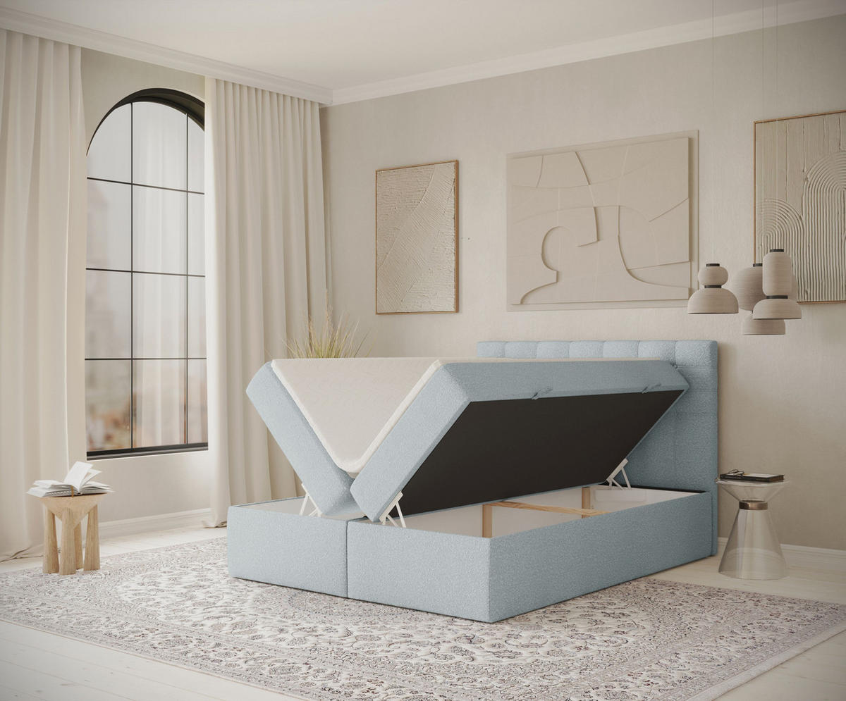 BOXBETT Sansa Hellblau 120/200 cm mit Taschenmatratze und Topper - Schwarz/Hellblau, Holz/Holzwerkstoff (120/200cm) - Maison de Reve