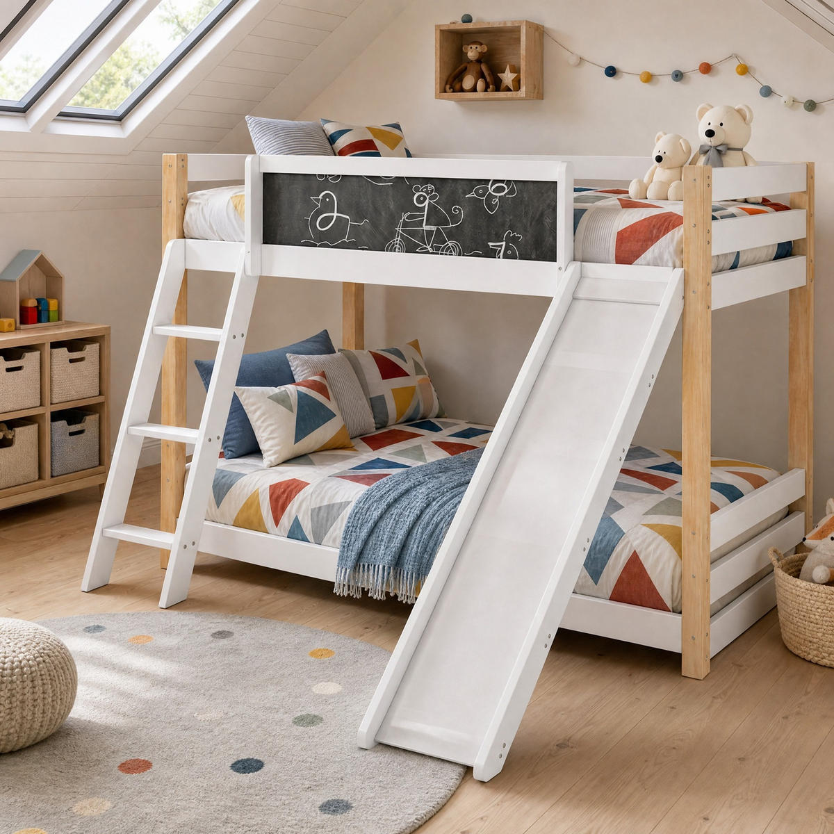 ETAGENBETT 90/200+90/190 mit Rutsche, Treppe und Schutzgitter - Weiß, Holzwerkstoff (90/200cm) - EVRYAE