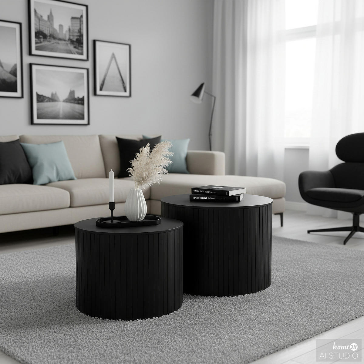 COUCHTISCH - 2er-Set - Echtholzfurnier - Eschefarben/Schwarz, Holzwerkstoff (49/49/38cm) - home24