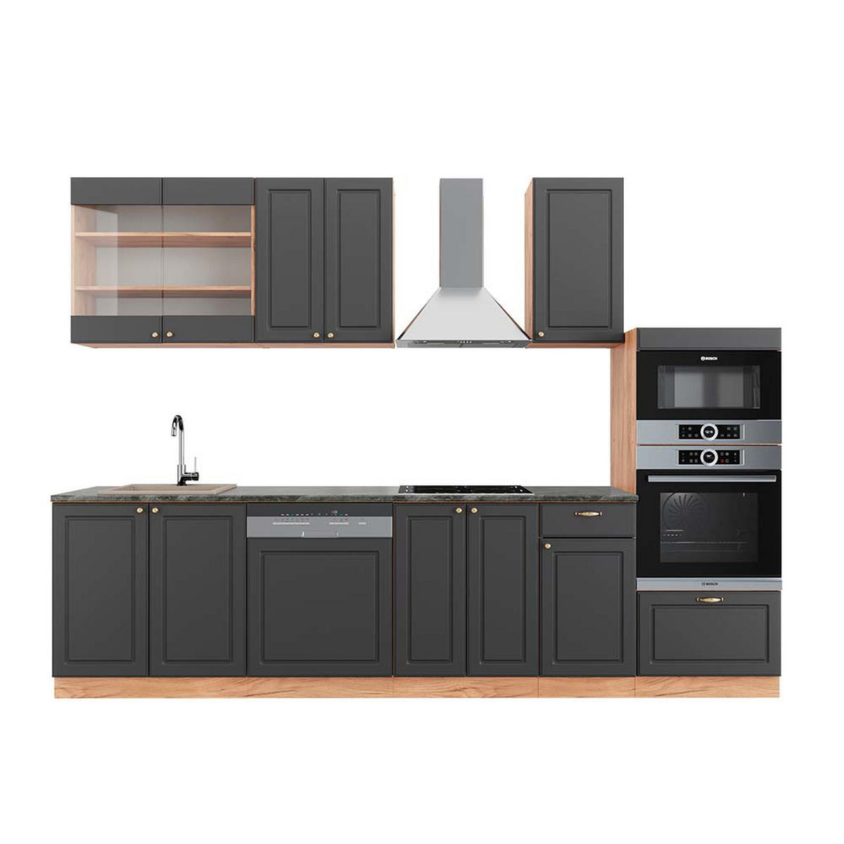 KÜCHENZEILE Fame-Line Anthrazit Landhaus/Goldkraft Eiche 300 cm AP Anthrazit - Honigeiche/Dunkelgrau, Holzwerkstoff (300/81.6/60cm) - Vicco