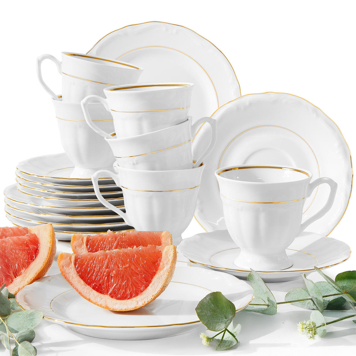 KAFFEESERVICE Chodziez MARIA TERESA 18-tlg Porzellan mit Goldrand, Weiß / Gold - Goldfarben/Weiß, Keramik (8/8/8cm) - KONSIMO®