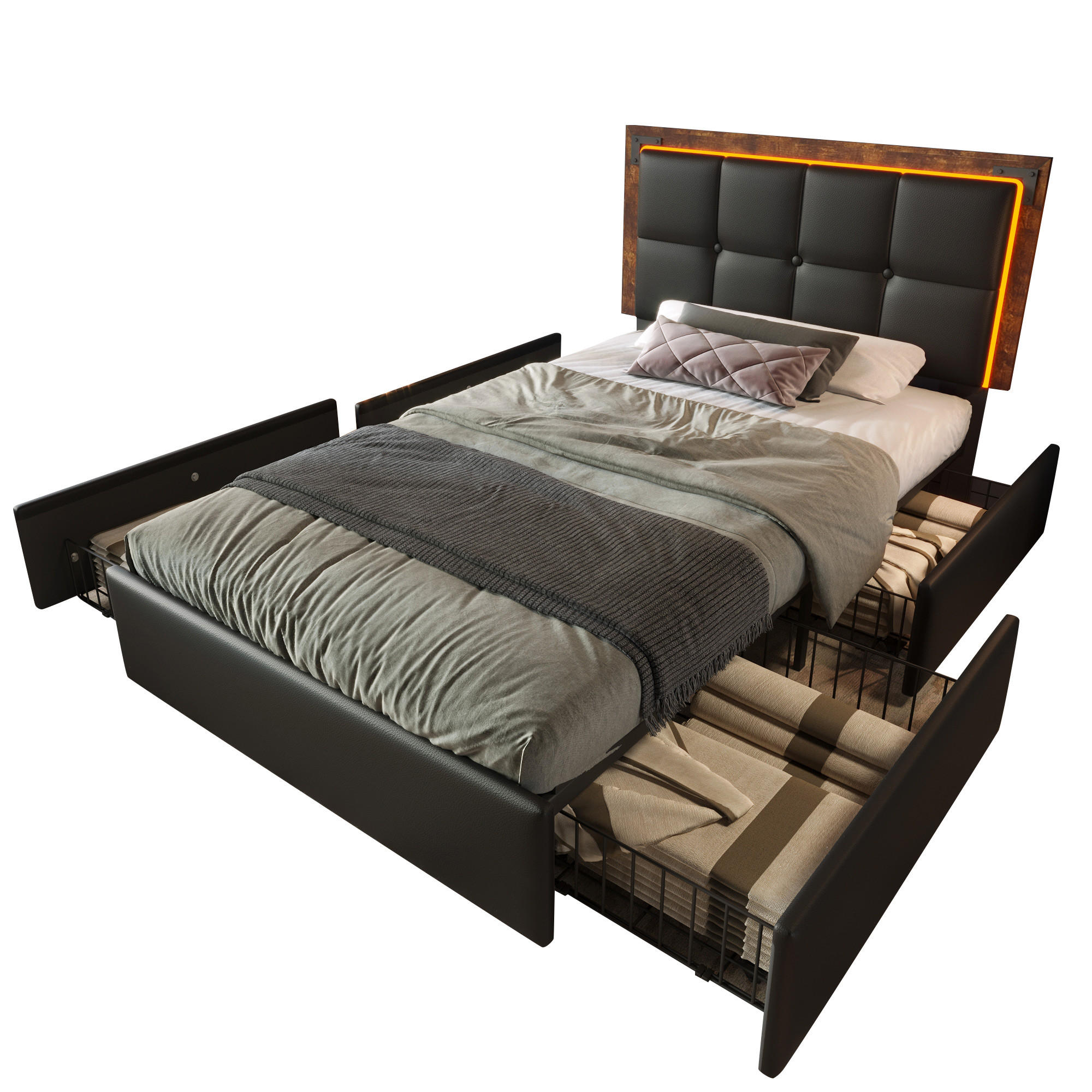 POLSTERBETT 90/200 cm Schwarz mit LED-Beleuchtung und höhenverstellbarem Kopfteil - Schwarz, Kunststoff (90/200cm) - OKWISH