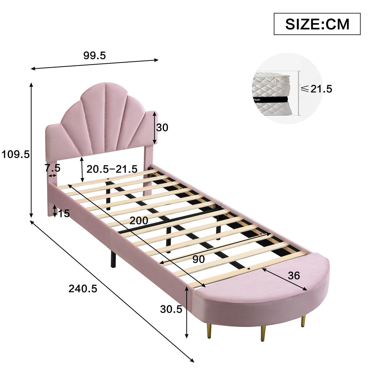 POLSTERBETT 90/200 cm aus Samt mit Bettbank und Antikollisionskante, Rosa - Rosa, Textil (90/200cm) - Redom