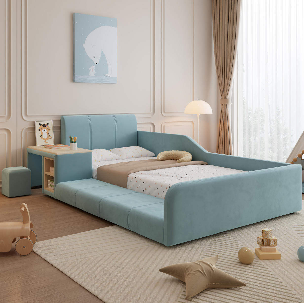 POLSTERBETT 90/200 cm in Blau mit Schreibtisch und Hocker - Blau, Textil (90/200cm) - Flora Grace