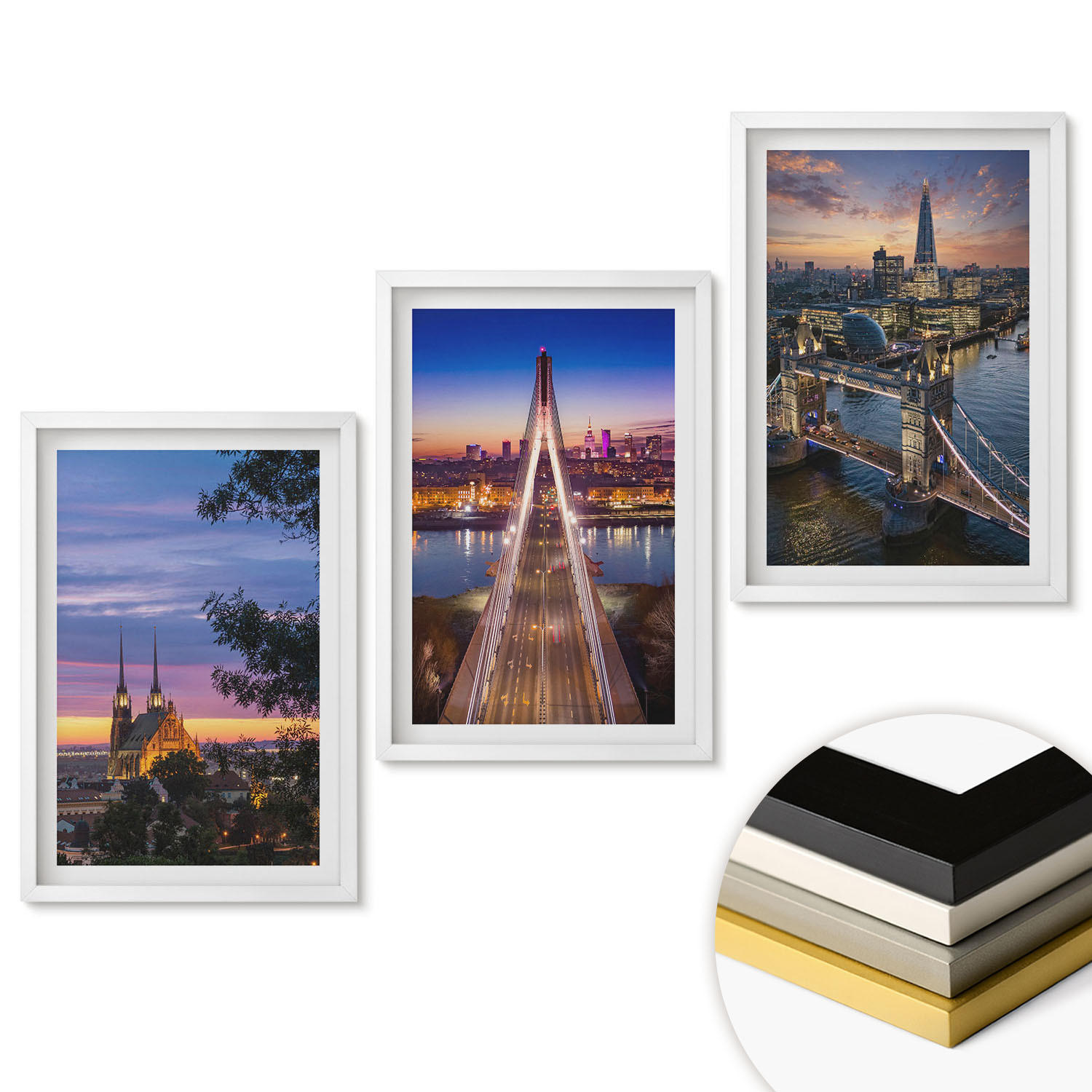 WANDBILDER 3er-Set - 40x60 cm Weißer Rahmen - Ausblicke auf Brücken und Sonnenuntergänge - Weiß, Kunststoff (40/60cm) - ArtPrintCave