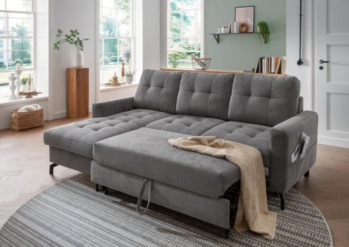ECKSOFA mit Schlaffunktion und Bettkasten, Luxus-Mikrofaser - Dunkelgrau/Schwarz, Textil/Metall (230/150cm) - myHomelando