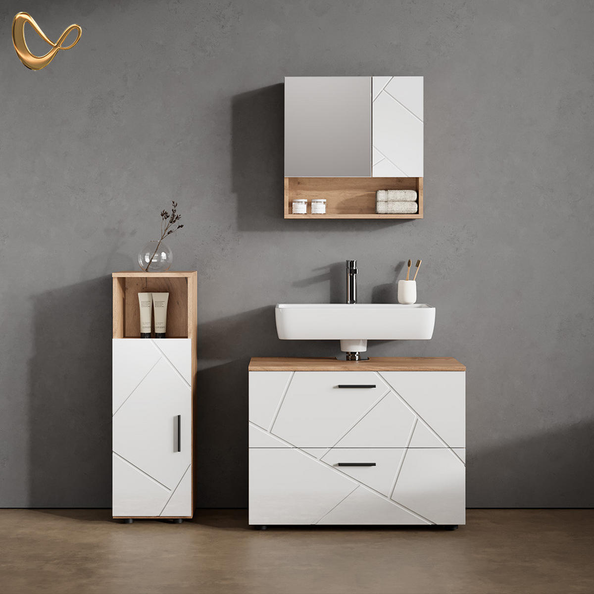 BADMÖBEL-SET Ronco Weiß Hochglanz/Goldkraft Eiche 3 Teile, mit Midischrank - Weiß Hochglanz/Eiche Wotan, Holzwerkstoff (54/55/41cm) - Livinity®
