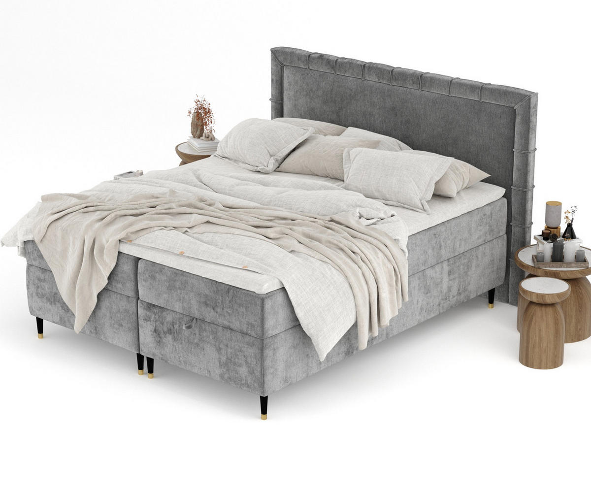 BOXBETT Monpelli Dunkelgrau 140/200 cm mit Matratze und Topper - Dunkelgrau/Schwarz, Holz/Holzwerkstoff (140/200cm) - Maison de Reve