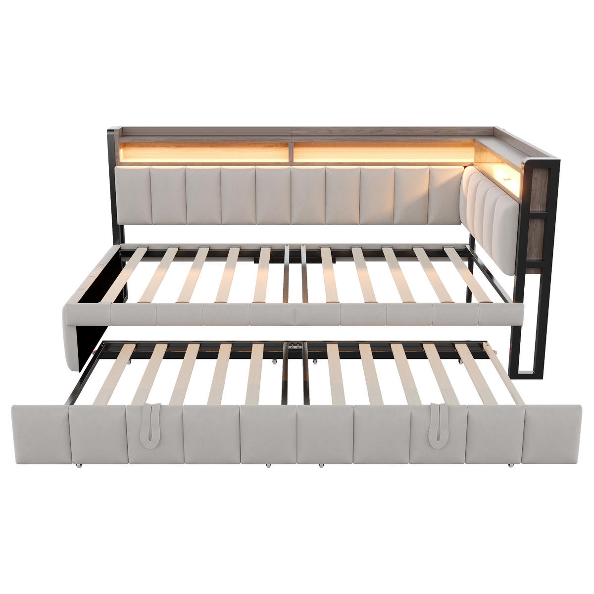 AUSZIEHBETT 90/200 cm ausziehbar mit LED und USB, DE-41717, in Hellgrau - Hellgrau, Metall (90/200cm) - ComfortXL