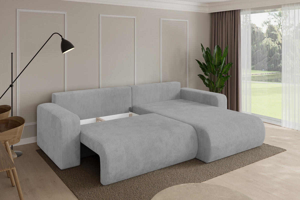 ROHOVÁ SEDAČKA s funkcí spaní, otoman vpravo BERY-L 276x193x88 šedá manšestr - šedá/černá, kompozitní dřevo/textil (276/193cm) - ALTDECOR