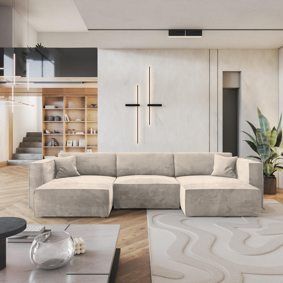 ROHOVÁ SEDAČKA SARMO krémová - šedá/krémová, dřevo/textil (347/148cm) - MASSENO