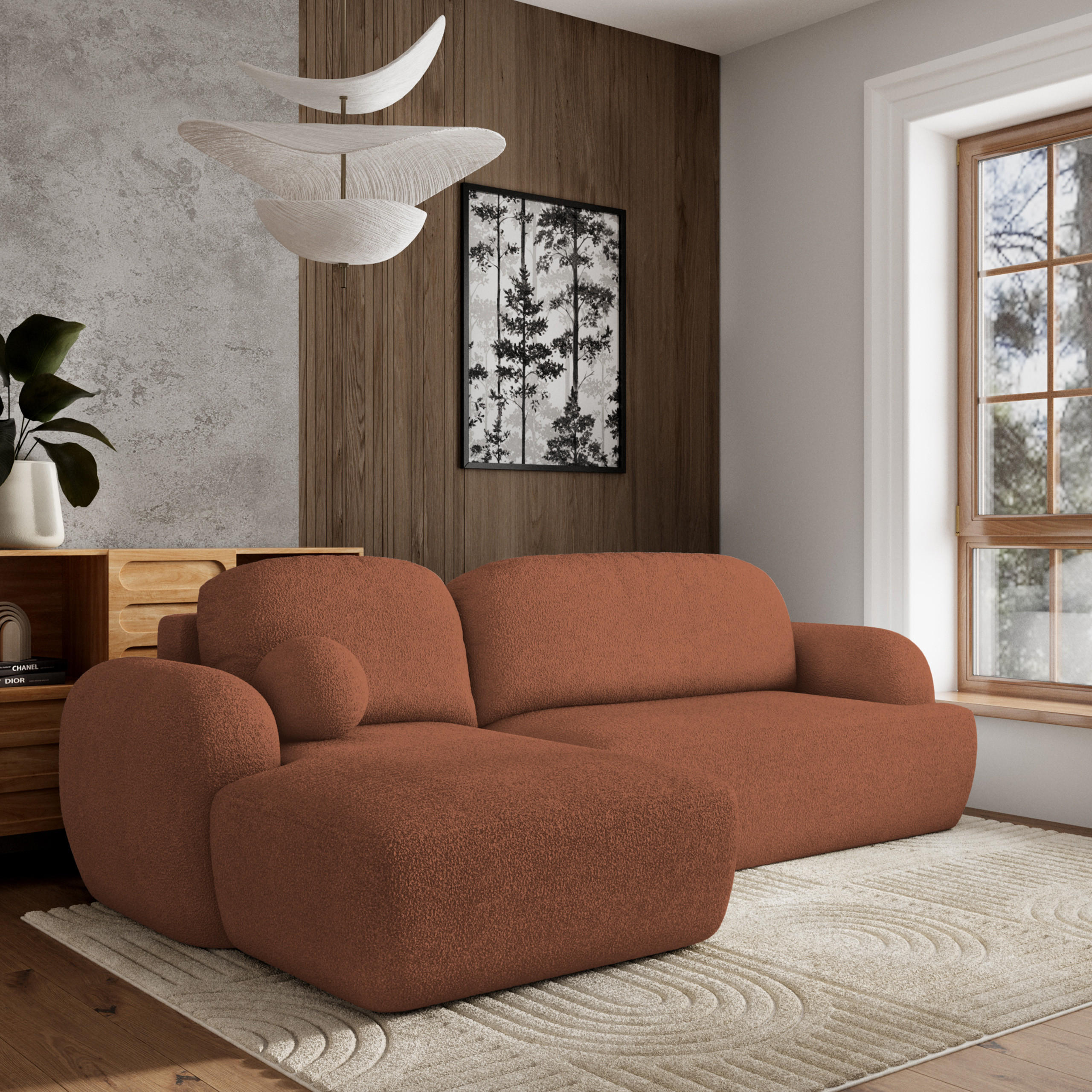 ECKSOFA MODENZA N L-S Orange Boucle-Stoff mit Schlaffunktion - Orange, Holz (266/148cm) - MASSENO