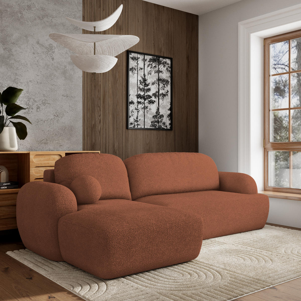 ECKSOFA MODENZA N L-S Orange Boucle-Stoff mit Schlaffunktion - Orange, Holz (266/148cm) - MASSENO