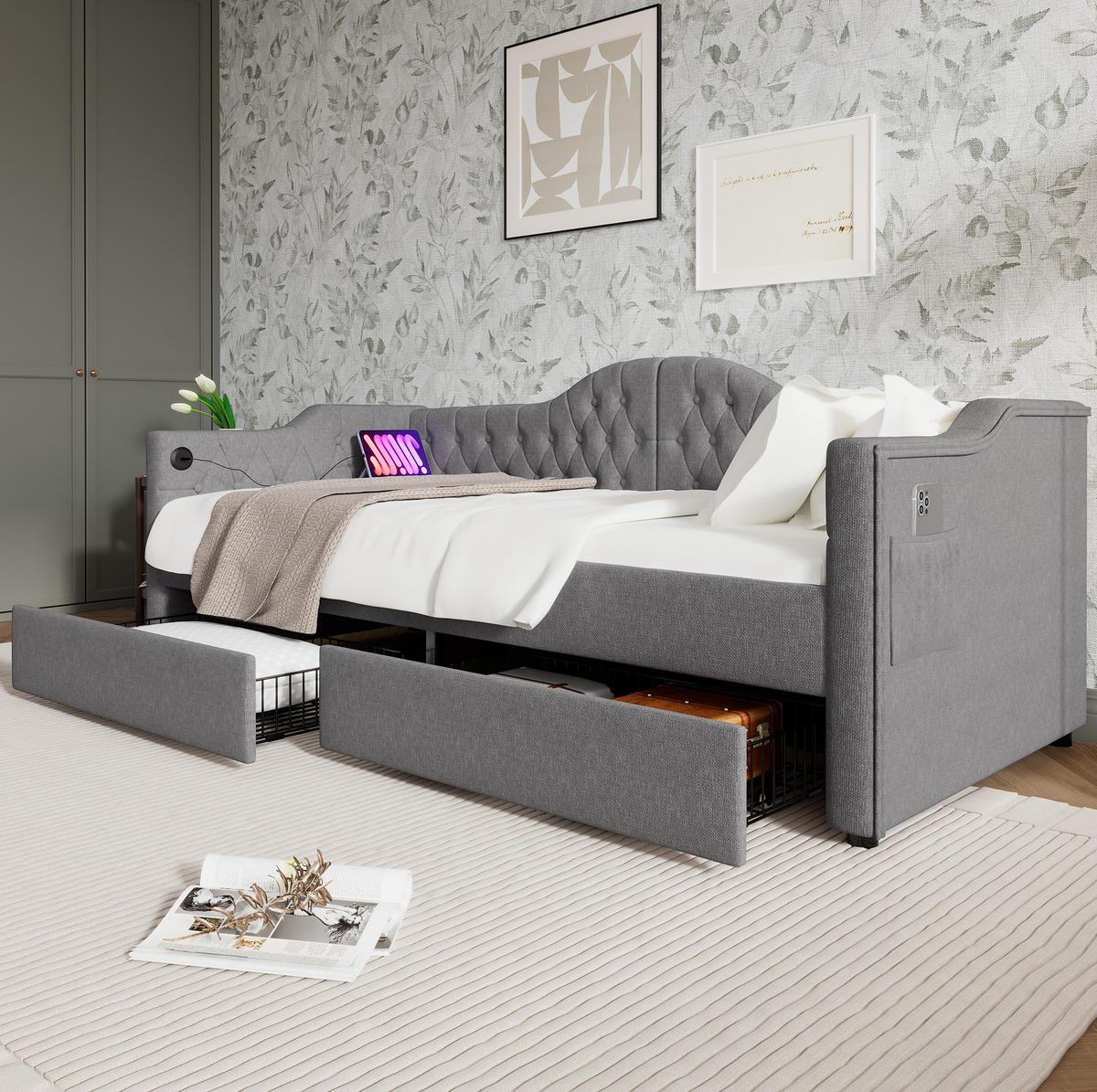POLSTERBETT 90/200 cm mit 2 Schubladen, USB/Type-C & getufteter Lehne, Grau - Grau, Textil (90/200cm) - Redom