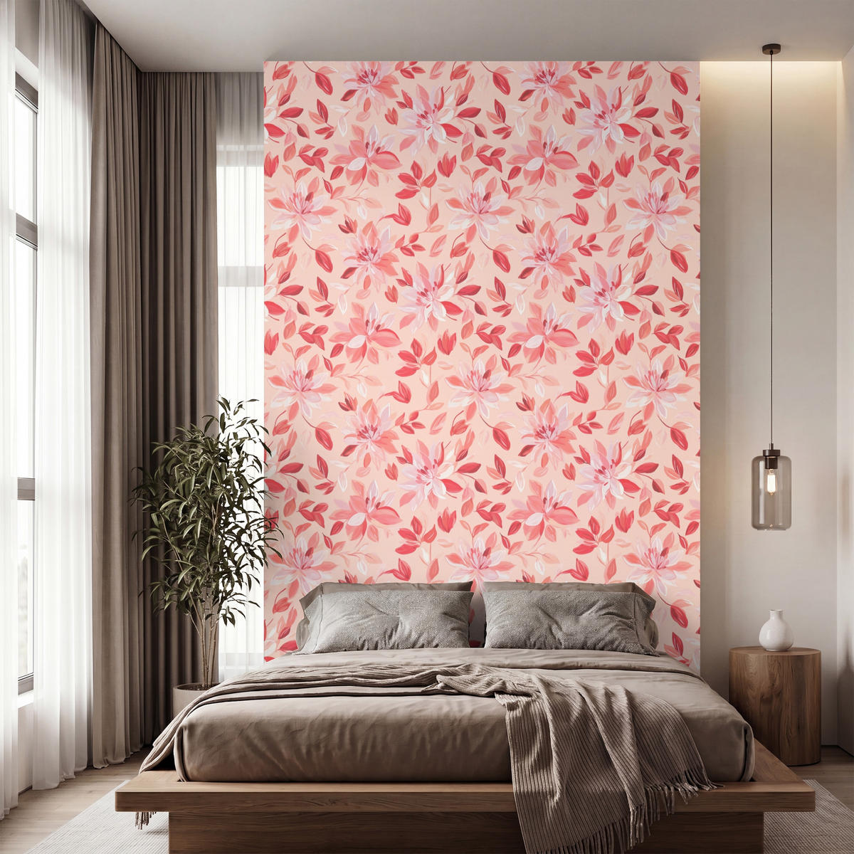 TAPETE - Botanisch - Blumen - Rot - 160x280 cm - Koralle, Papier (160/280cm) - OnlyWow