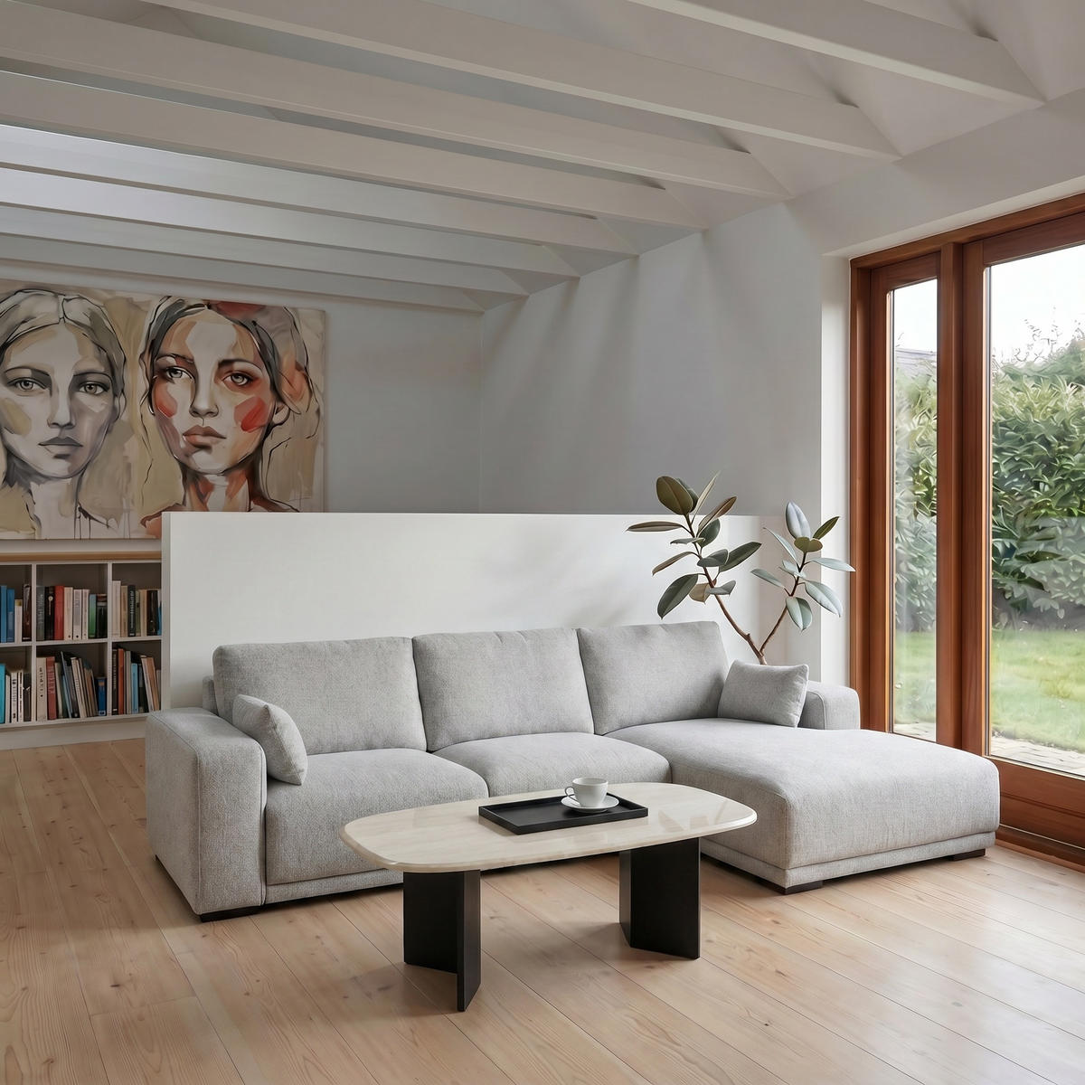 ECKSOFA Webstoff Grau - Schwarz/Grau, Holz/Textil (105/305cm) - Furnhouse