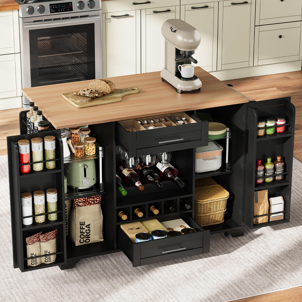 KÜCHENINSEL Mobile ausziehbar Platte Weinregal Holzwerkstoff Metall - Schwarz, Holzwerkstoff (138/92/70cm) - EVRYAE