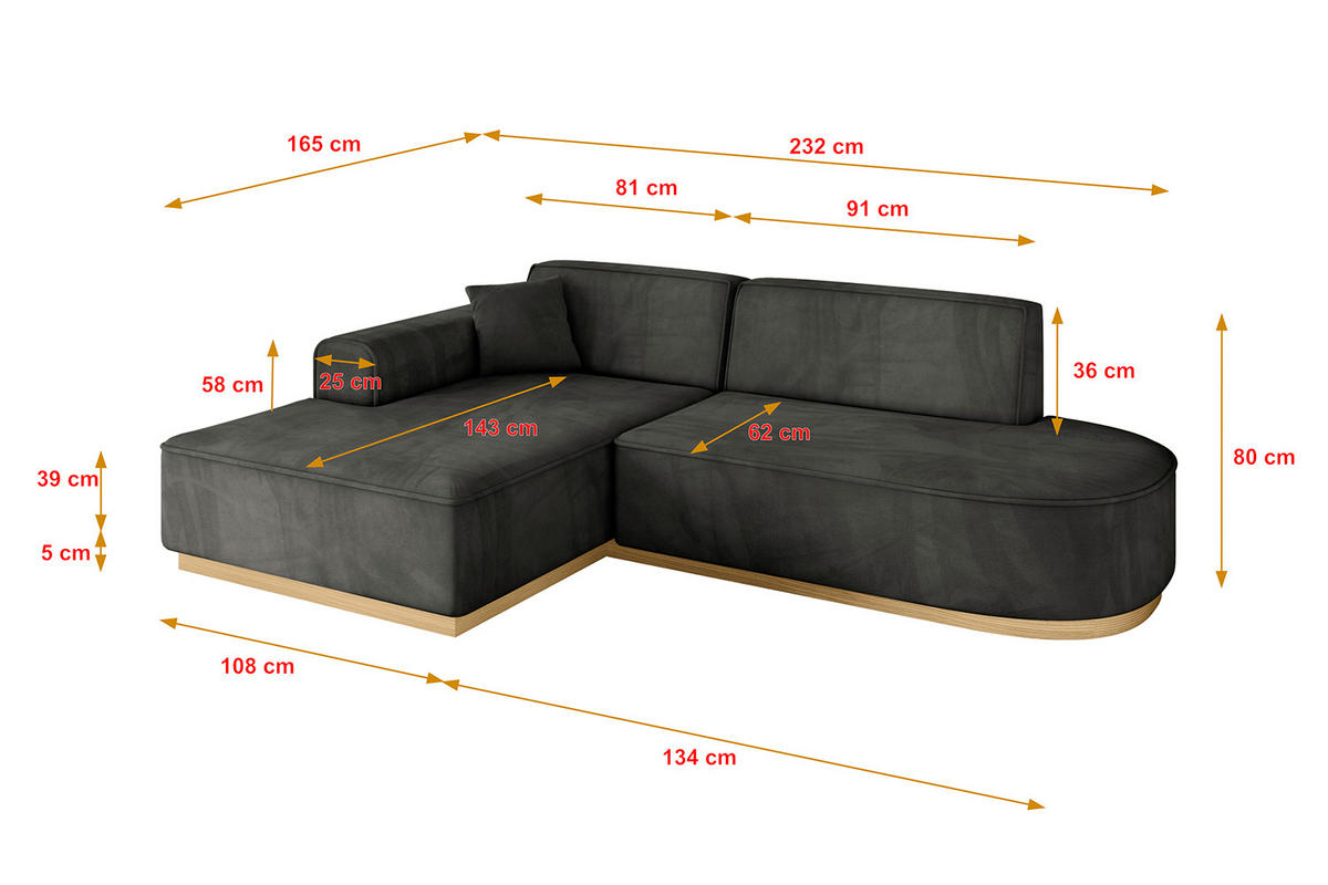 ECKSOFA Ottomane Links IREA-L1-v2 - 232x165x80 cm Ecru - Anthrazit, Holzwerkstoff/Textil (232/165cm) - ALTDECOR