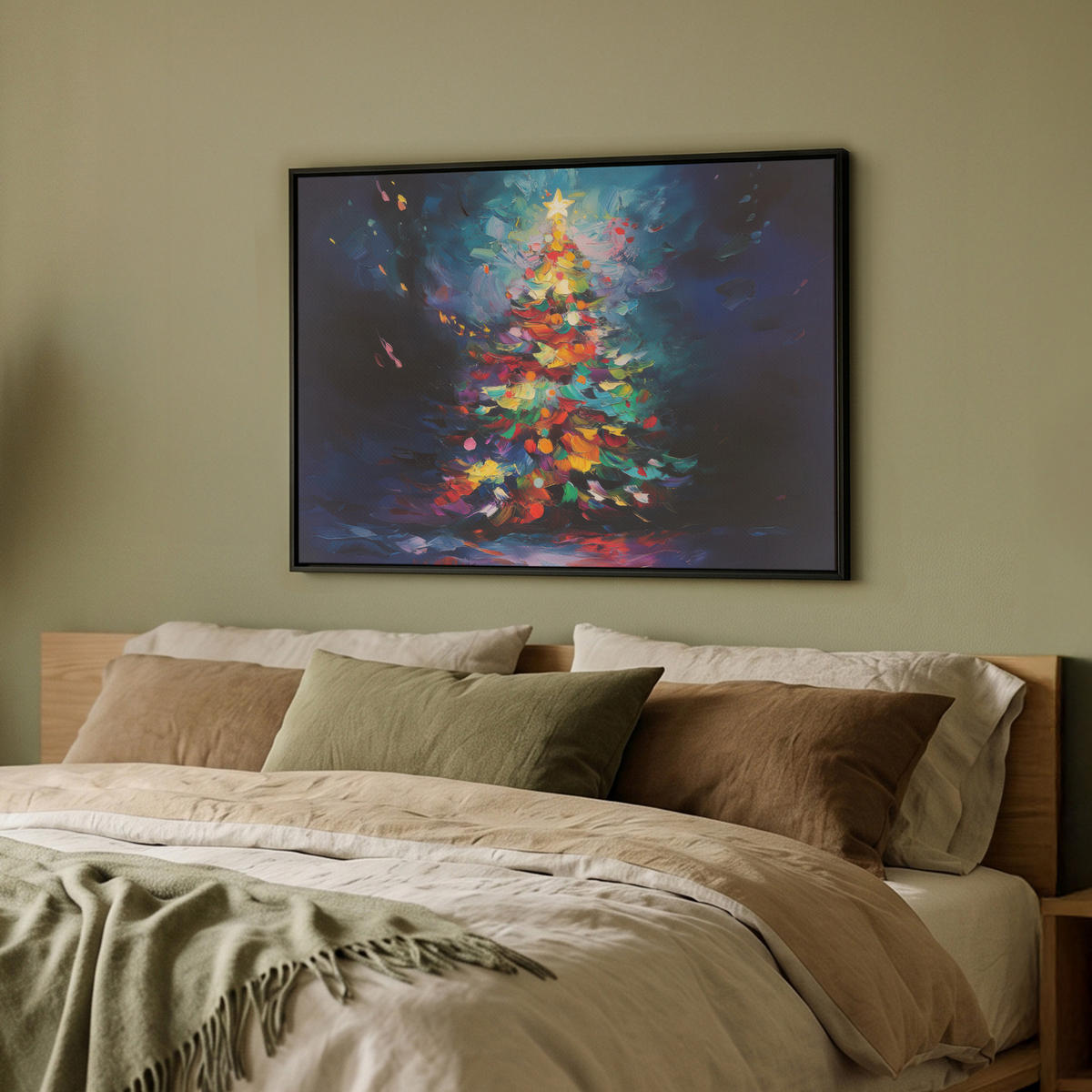 LEINWAND Bilder mit Rahmen - Weihnachtsbaum - Weihnachten - Abstrakt - Farbenfroh - 80x60 - Multicolor, Textil (80/60cm) - MuchoWow