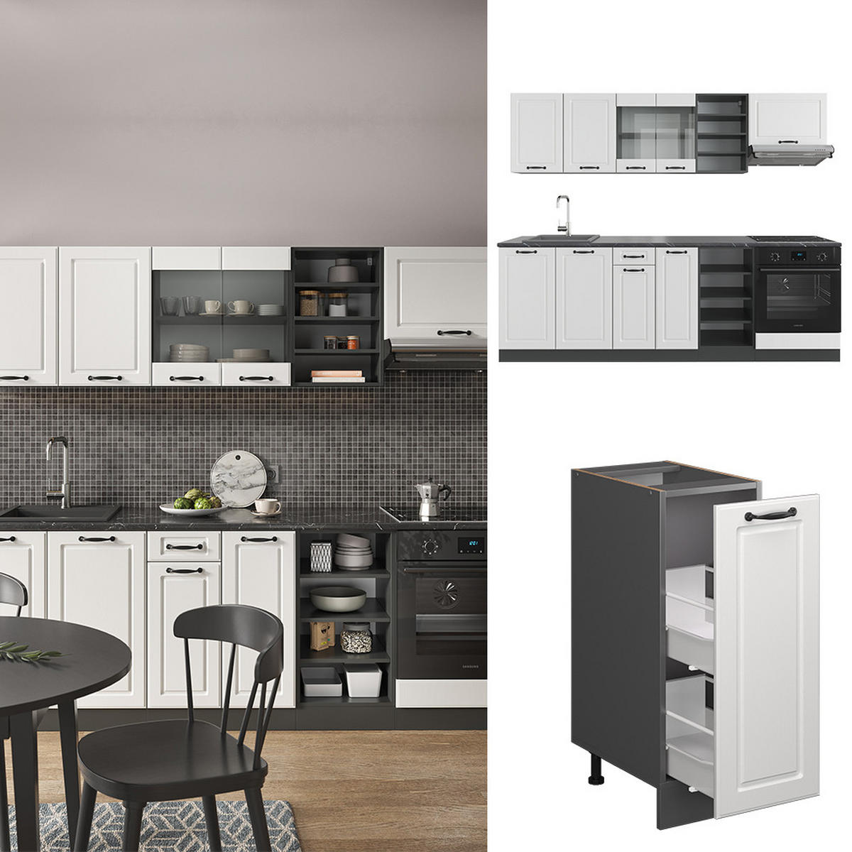 KÜCHENZEILE R-Line Weiß Landhaus/Anthrazit 240 cm, AP Eiche - Anthrazit/Creme, Holzwerkstoff (240/81.6/60cm) - Vicco