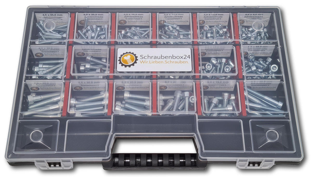 ZYLINDERSCHRAUBEN Sortiment M4-M5-M6 // 8mm-40mm 375 tlg. Schraubenbox DIN 912 / ISO 4762 - Zinkfarben, Metall (3.5cm) - Schraubenbox24