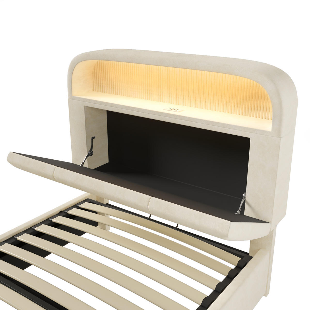 STAURAUMBETT 90/200 cm DE-00718, in Beige, LED und hydraulischem Bettgestell - Beige, Metall (90/200cm) - ComfortXL