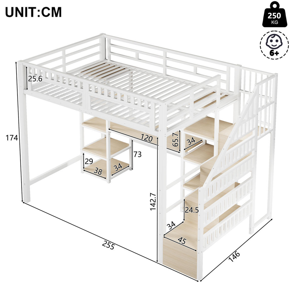 HOCHBETT aus Metall und MDF 140x200 cm Weiß mit Schreibtisch, Stauraumtreppe, LED-Beleuchtung und USB-Anschlüssen - Weiß, Metall (140/200cm) - IVMEU