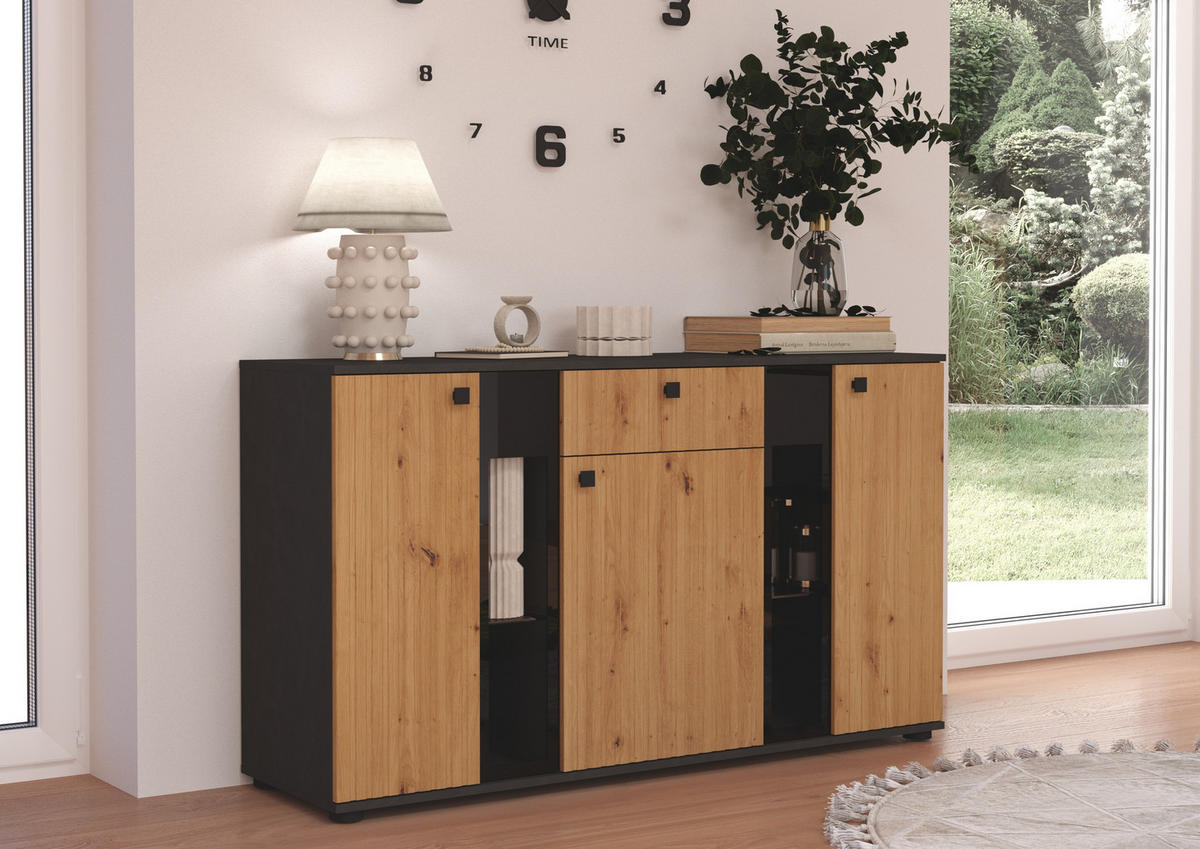 SIDEBOARD Formilo Grau Matera, Artisan Eiche 140,4/80/40,2 cm – Kommode mit Rillen - Hellbraun/Grau, Holzwerkstoff/Kunststoff (140/80/40cm) - AX Living