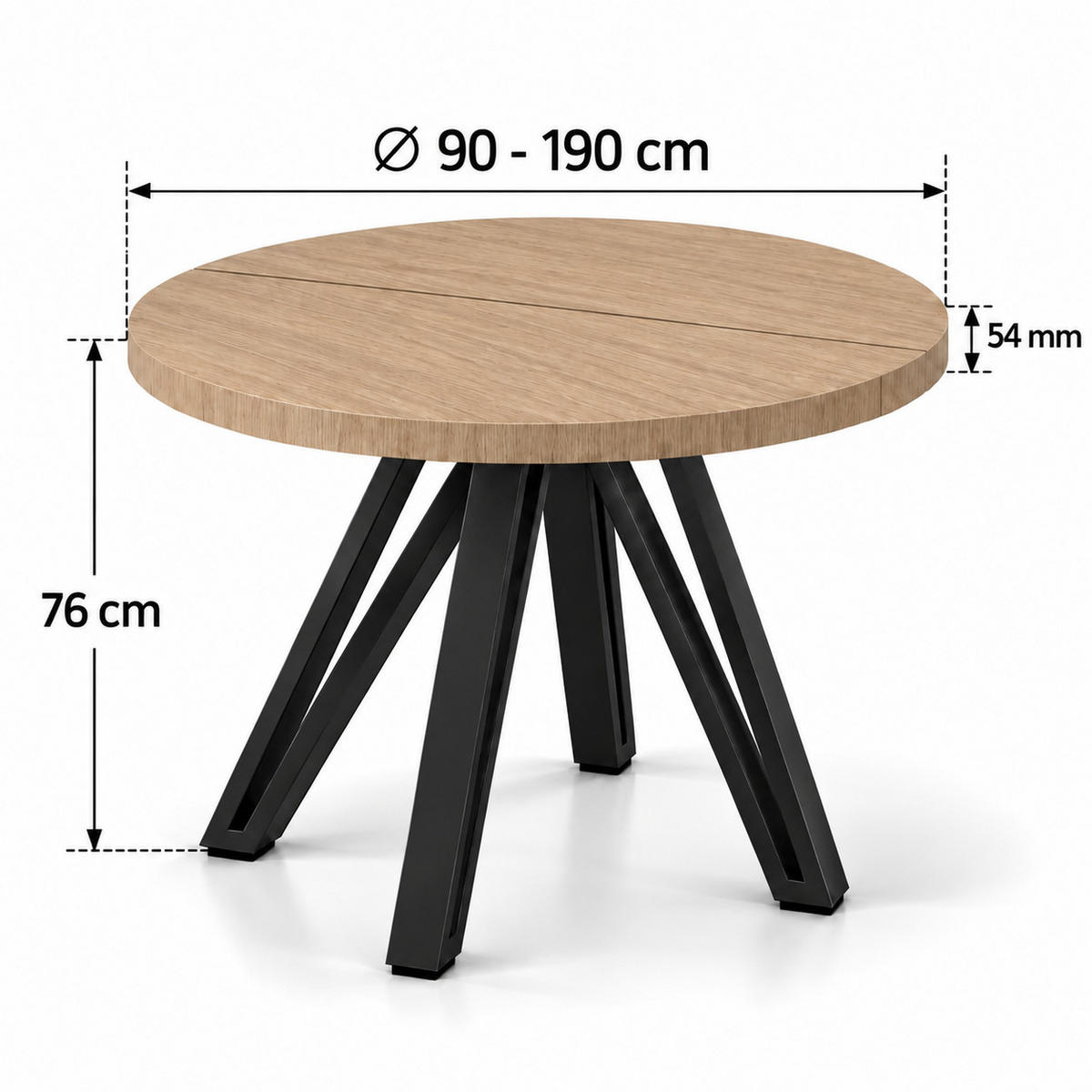 ESSTISCH rund ausziehbar 90/190/76 cm, Hellbraun Eiche Hikora Egger Natur, 54 cm Tischplatte + Industrial Metallgestell Schwarz - Hellbraun/Eichefarben, Holzwerkstoff/Metall (90/190/76cm) - Damale Möbel