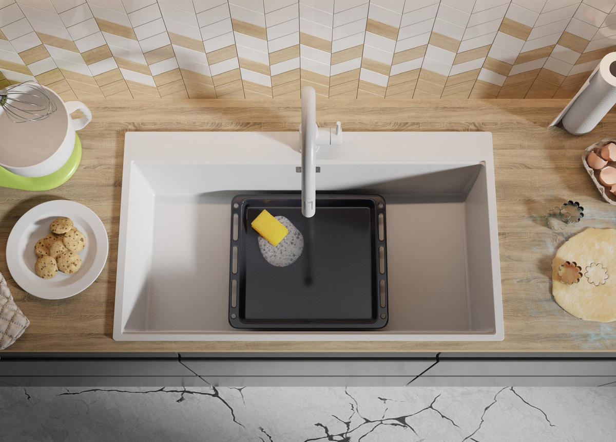 SPÜLBECKEN Oslo, 2-er set Weiß 88/50 cm 1 Becken + Ablauf-Set + Schneidebrett ab 90er Unterschrank - Chromfarben/Beige, Kunststoff (88/20/50cm) - Primagran