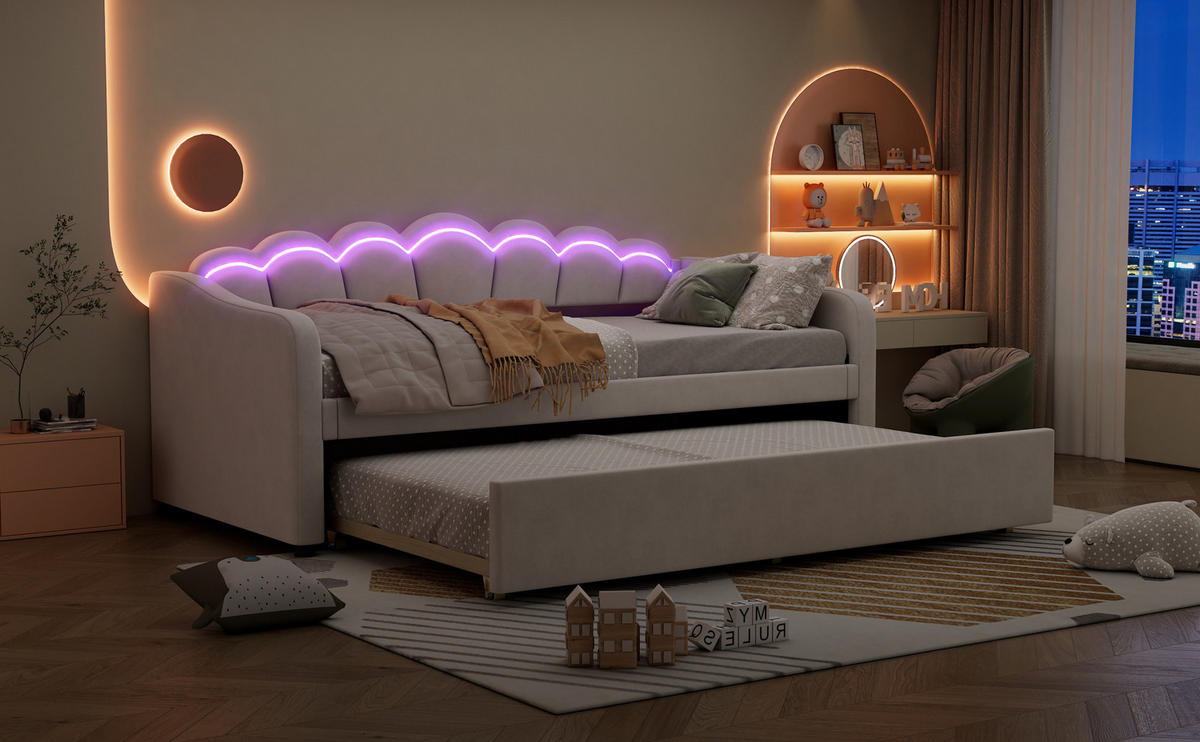POLSTERBETT 90/200 cm Beige aus Samt mit Ausziehbett und LED-Beleuchtung - Beige, Textil (90/200cm) - OKMYHOME