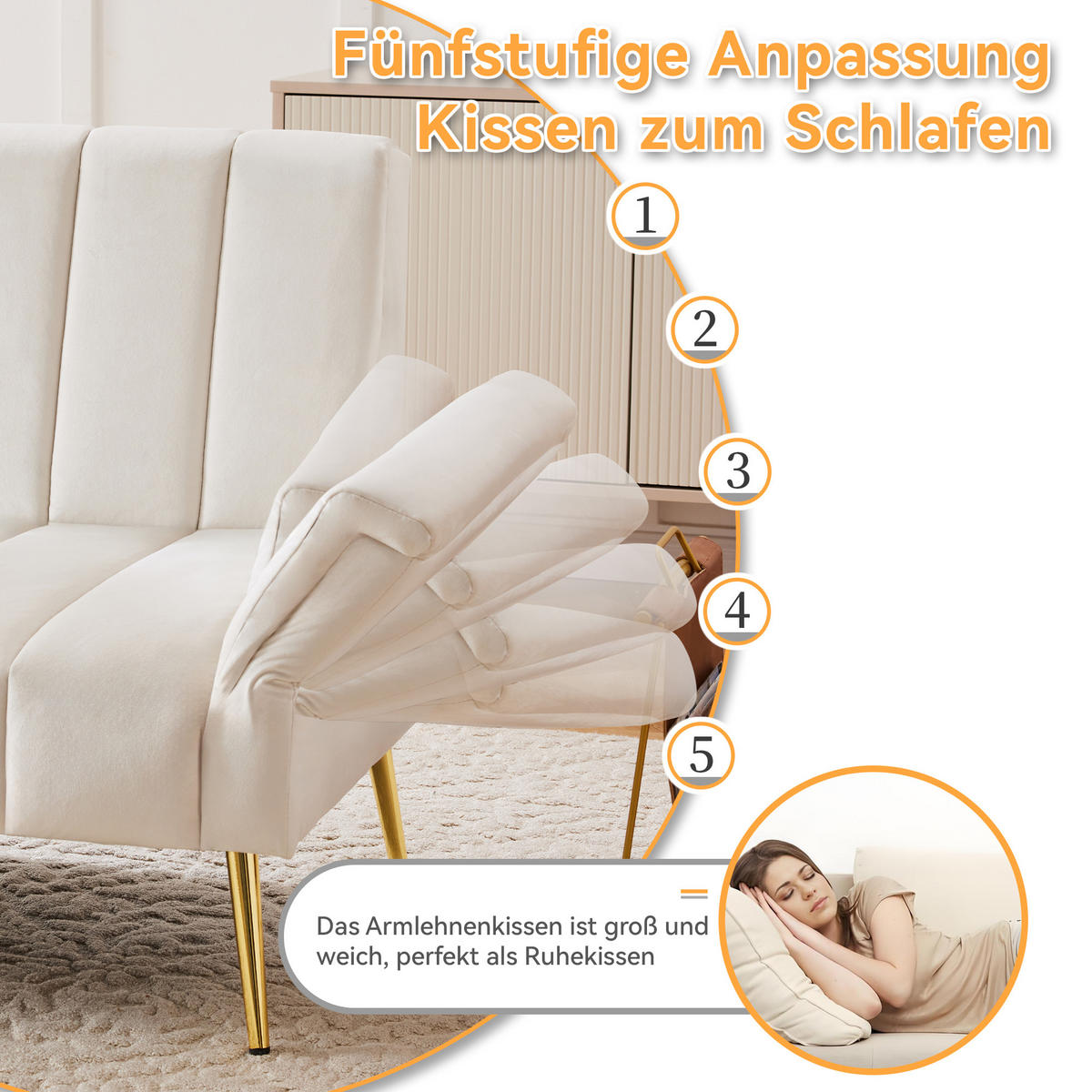 SCHLAFSOFA, Samt mit verstellbarer Rückenlehne & Armlehnen, 183/76/75 cm, Beige - Beige, Textil (76/75/183cm) - Redom