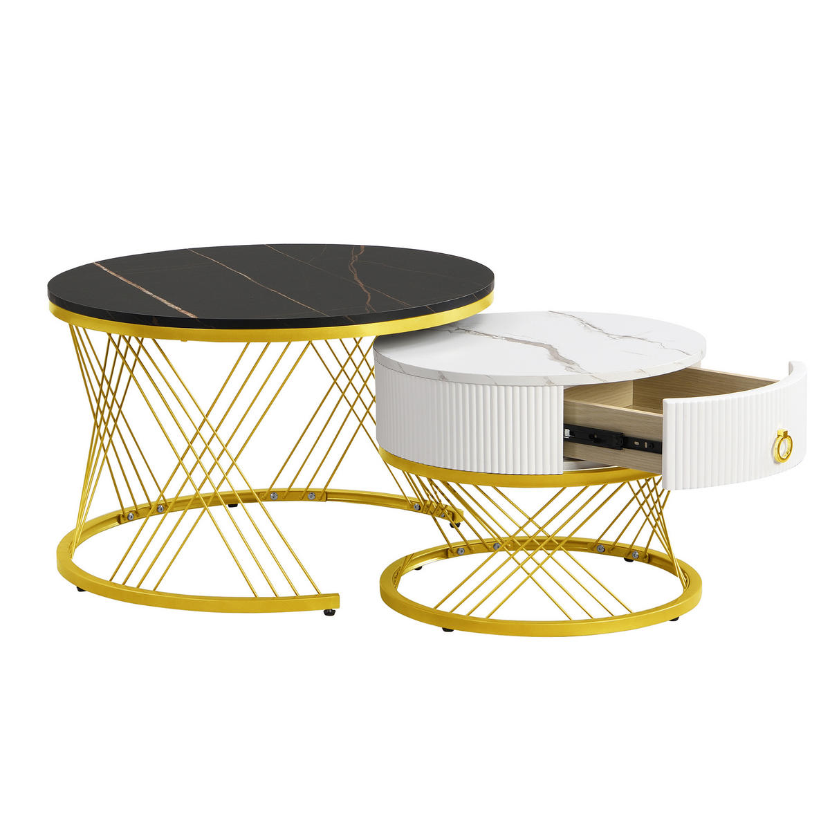 COUCHTISCH 2er Set mit Schublade Marmoroptik Golddekor höhenverstellbare Füße - Schwarz, Holzwerkstoff/Kunststoff (70/70/45cm) - EVRYAE