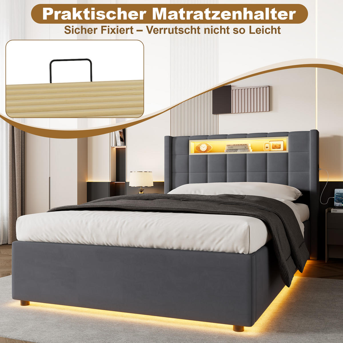 ČALÚNENÁ posteľ 90/200 cm tmavosivá s LED a USB-C - tmavosivá, textil (90/200cm) - Flora Grace