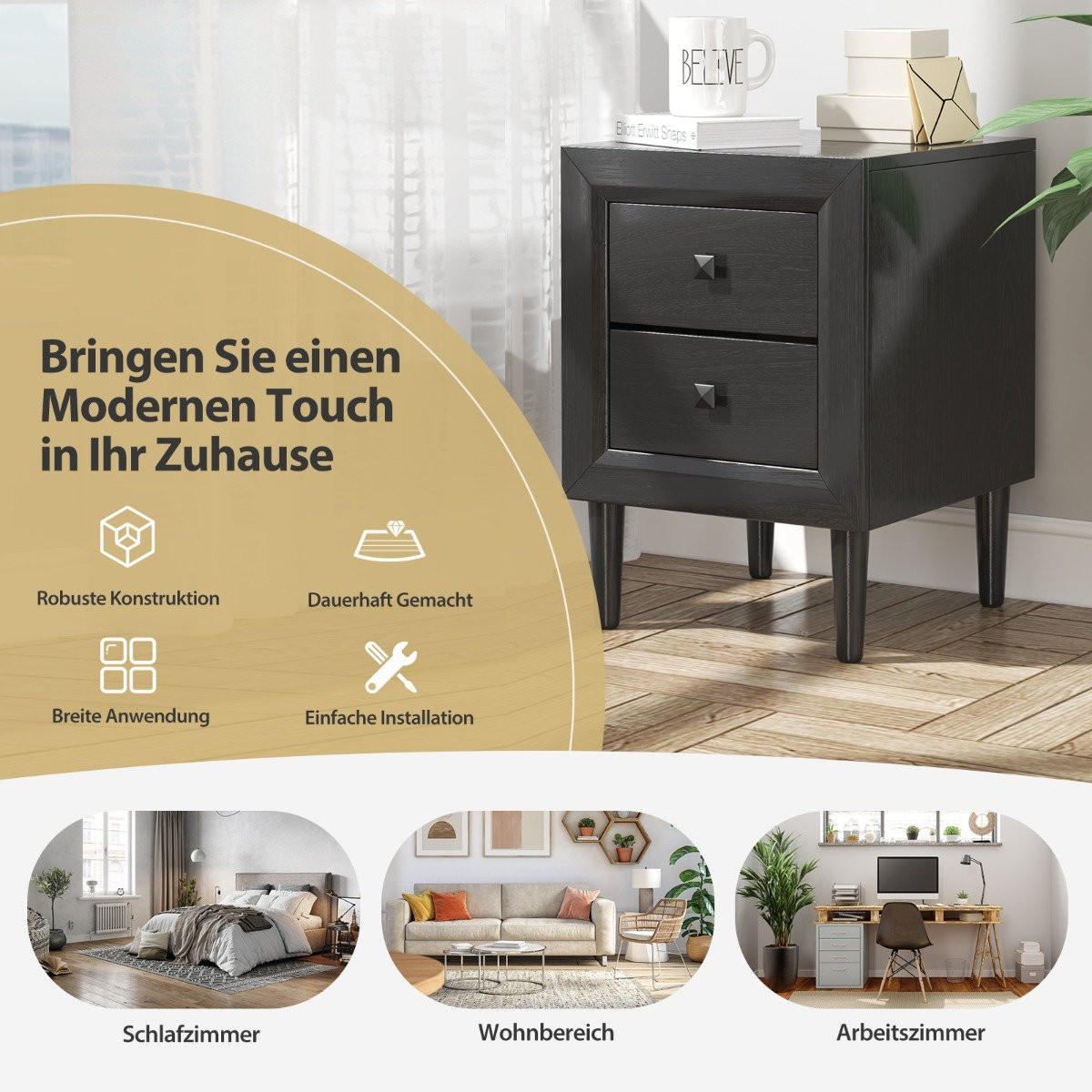 NACHTTISCH Schwarz Holzwerkstoff 40/40/55 cm - Schwarz, Holzwerkstoff (40/55/40cm) - Gemütlich Home