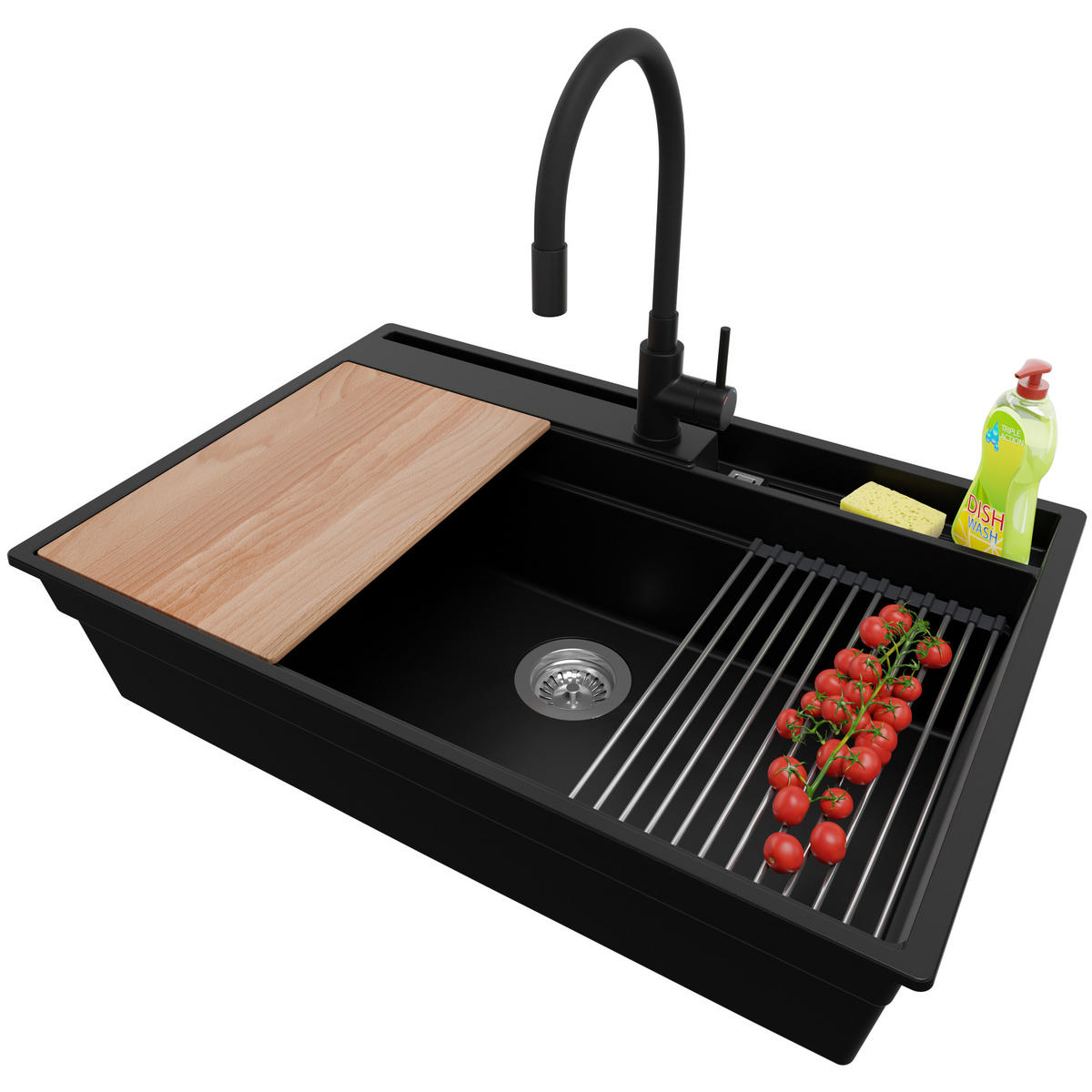 GRANITSPÜLE Oslo Pocket, 2-er set Schwarz 78/53 cm 1 Becken + Küchenarmatur 40/38 cm + Ablauf-Set + Küchenzubehörset ab 80er Unterschrank - Chromfarben/Beige, Kunststoff (78/20/53cm) - Primagran