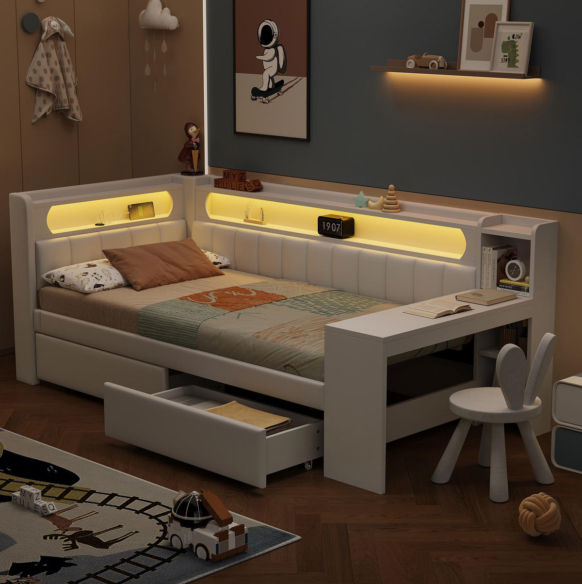 POLSTERBETT 90/200 cm mit LED-Beleuchtung, USB und Schreibtisch in Weiß - Weiß, Holzwerkstoff (90/200cm) - BEAOK