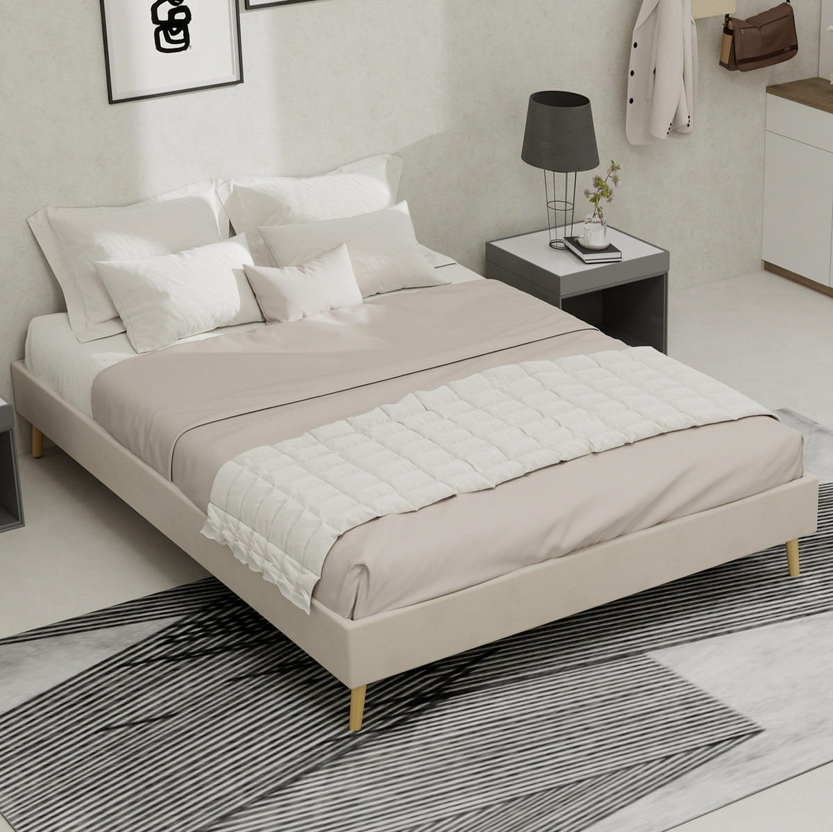 POLSTERBETT 140/200 cm mit geometrischem Kopfteil, Lattenrost und Stoffbezug, Beige - Beige, Textil (140/200cm) - Redom