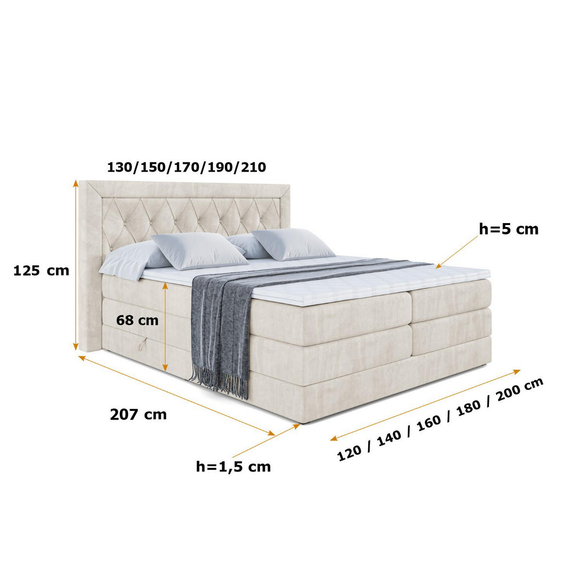 BOXSPRINGBETT NOEL KING - 160 x 200 - H3/H4 - Ecru - Ecru, Holzwerkstoff (160/200cm) - ALTDECOR