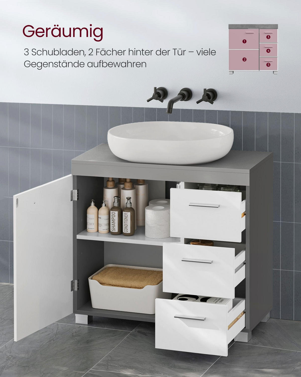 WASCHBECKENUNTERSCHRANK PRAIA - Weiß, Holzwerkstoff (70/64/30cm) - Hansiro