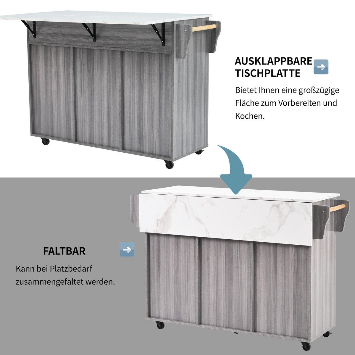 KÜCHENINSELWAGEN 139x71x91.5cm Grau mit Falttisch, Schubladen & Rollen - Grau, Holzwerkstoff (139/91.5/71cm) - Modfu