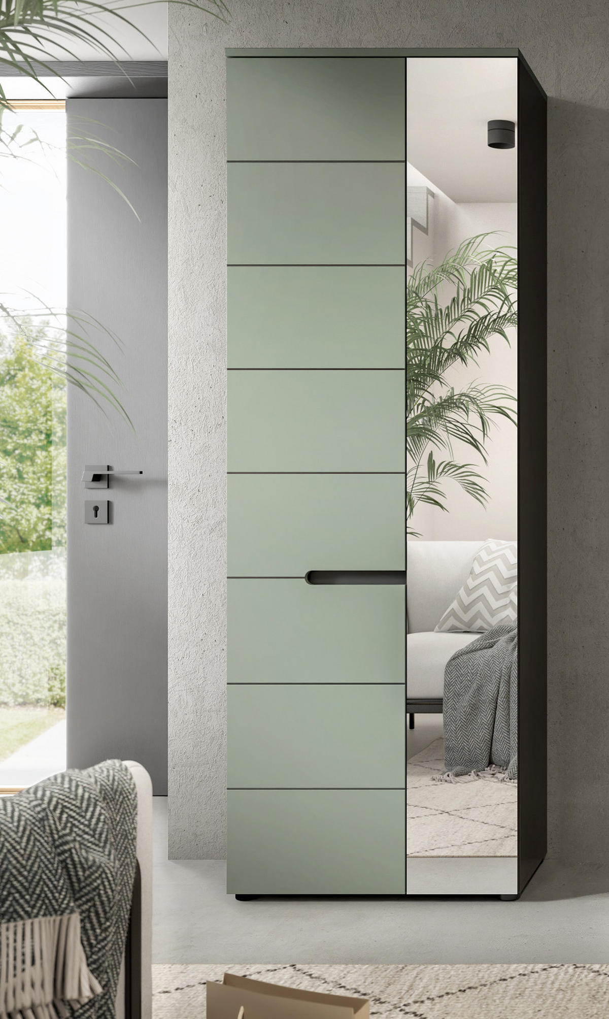 GARDEROBENSCHRANK Salbei grün und Basalt grau, Schuhschrank 65 x 190 cm, variable Inneneinteilung, Soft-Close, Cooper - Salbeigrün/Schwarz, Holzwerkstoff/Kunststoff (65/190/37cm) - Inn.Furn