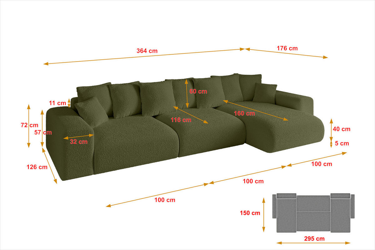 ECKSOFA Ottomane rechts ESKAR-L2 364x176x72 Olivgrün Bouclé - Schwarz/Olivgrün, Holzwerkstoff/Kunststoff (176/364cm) - ALTDECOR