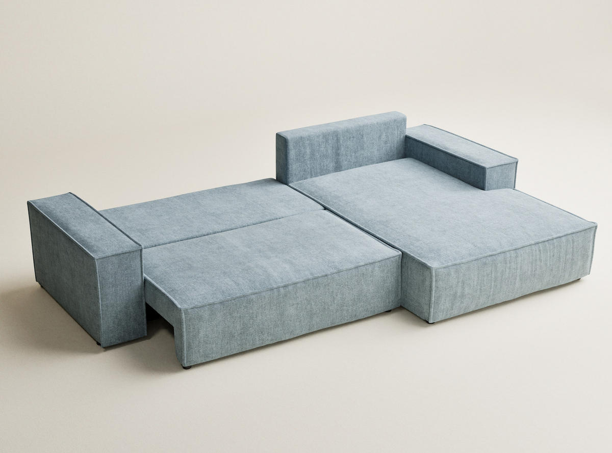 ECKSOFA Maze Hellblau Chenille-Stoff - Rechts Seite - Schwarz/Hellblau, Holz/Holzwerkstoff (294/185cm) - Maison de Reve