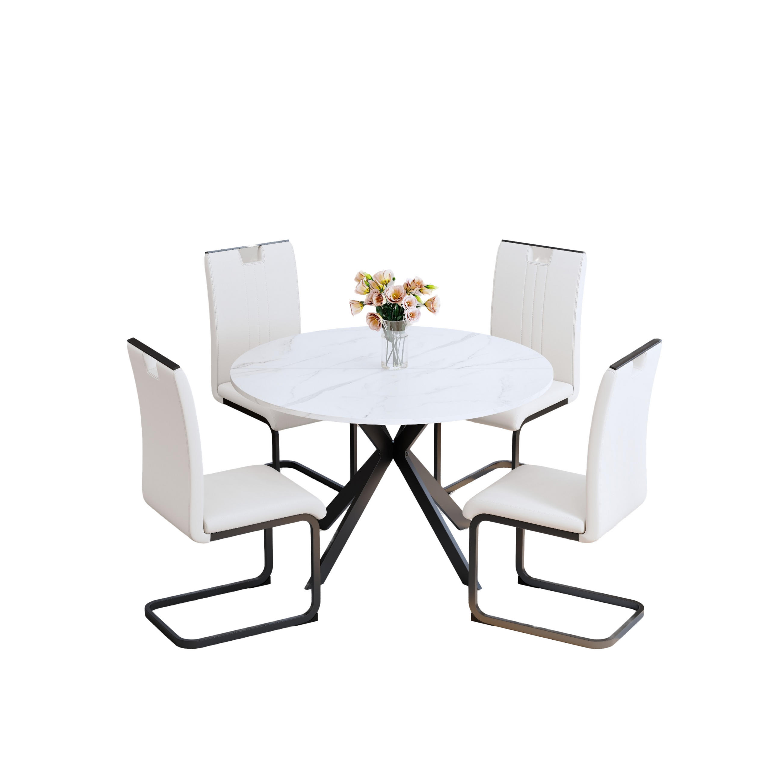 ESSGRUPPE DE-39511 5-teilig, runder Marmortisch Weiß - Weiß, Holzwerkstoff (110/75/110cm) - ComfortXL