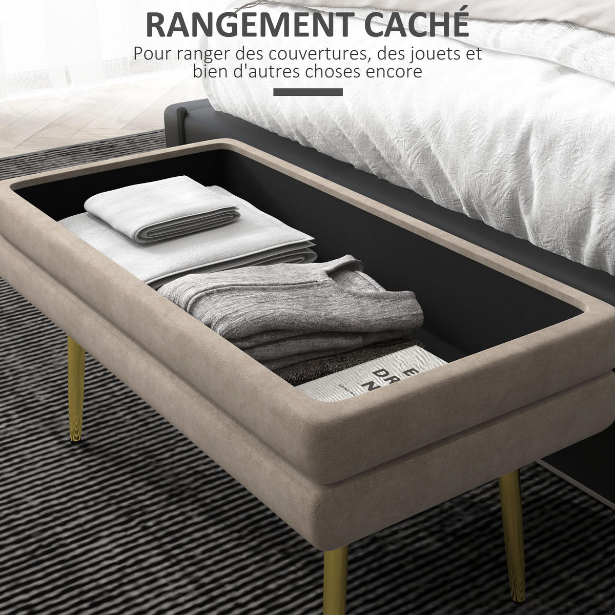 TRUHENBANK DE-16381 2-in-1 mit Stauraum und Samtbezug Beige/Gold - Beige, Textil (79.5/43/37.5cm) - ComfortXL