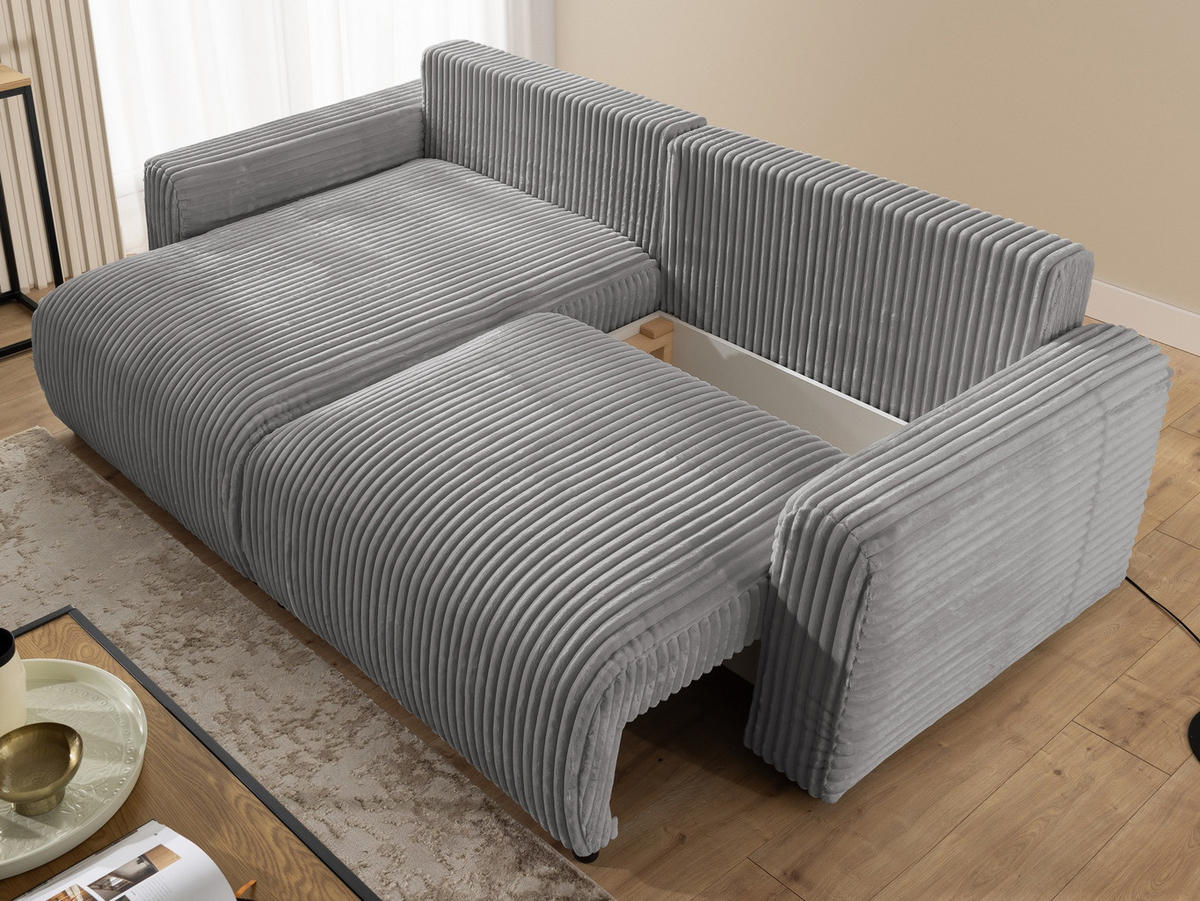 ECKSOFA Calma mit Schlaffunktion und Bettkasten im Bumpy-Design aus weichem Grau Plüschcord - Ottomane links - Schwarz/Grau, Holz/Kunststoff (239/140cm) - S-Style