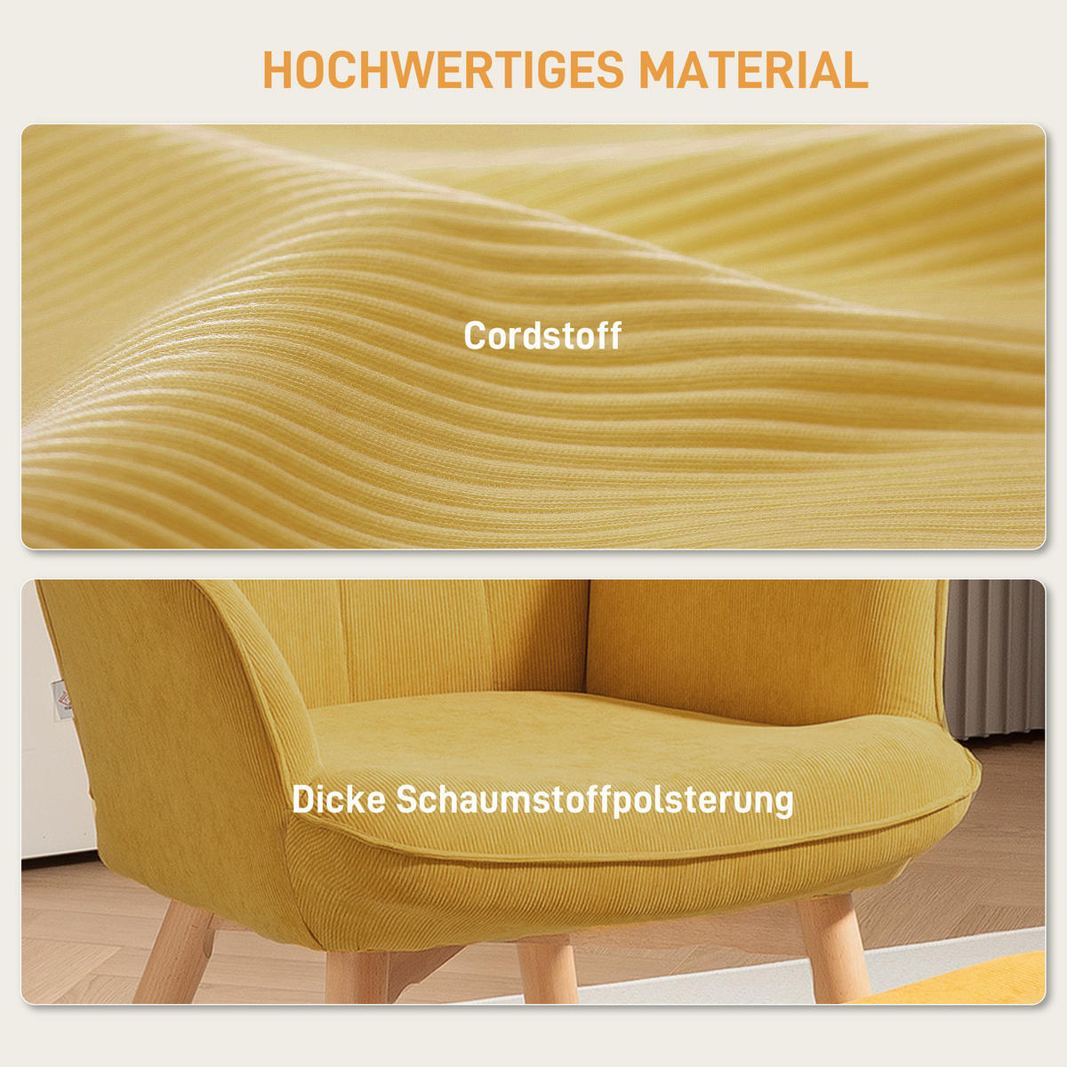 AKZENTSESSEL DE-07538 mit Hocker, Cord-Optik und Holzbeinen Orange - Orange, Textil (80/101/72cm) - ComfortXL
